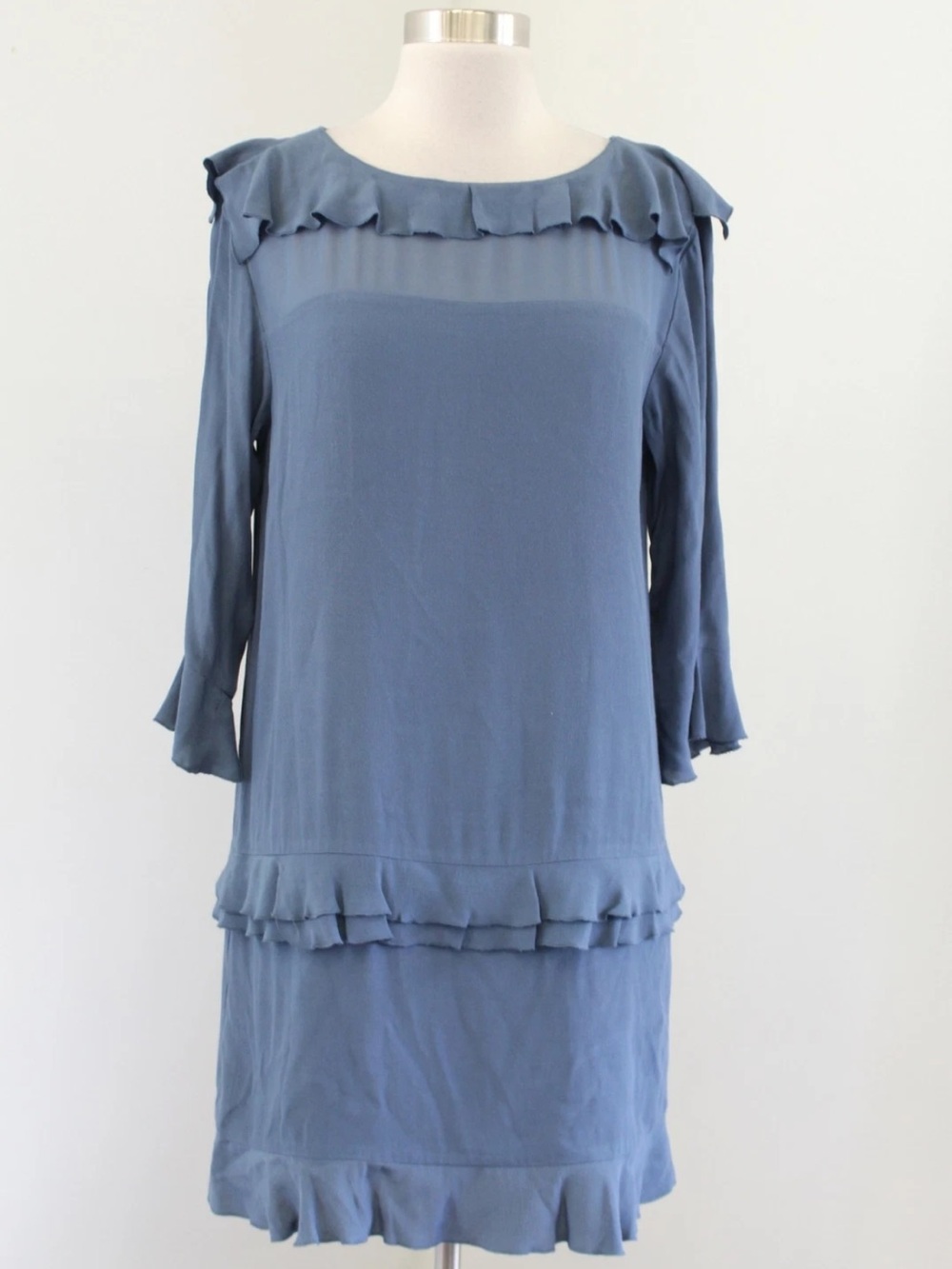 Banana Republic Slate Blue Ruffle Trim Mesh Insert Shift Mini Dress Size 0P